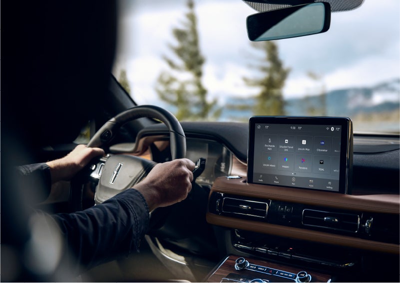 The center touch screen in a 2023 Lincoln Aviator® SUV is shown | Oliver Lincoln in Plymouth IN