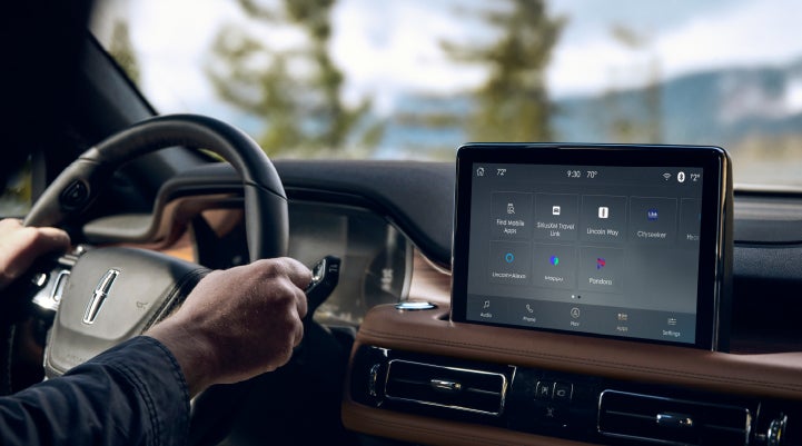 The center touchscreen of a Lincoln Aviator® SUV is shown | Oliver Lincoln in Plymouth IN