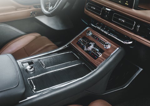 The front center console of a 2024 Lincoln Aviator® SUV is shown | Oliver Lincoln in Plymouth IN