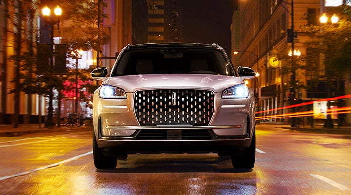 The striking grille of a 2024 Lincoln Corsair® SUV is shown. | Oliver Lincoln in Plymouth IN